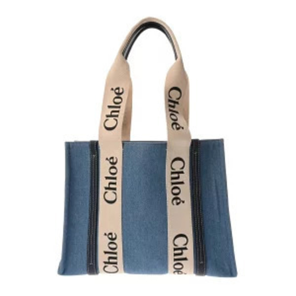 Chloe Woody Tote Bag Blue Navy Blue Deadstock Denim Shiny Calf Leather